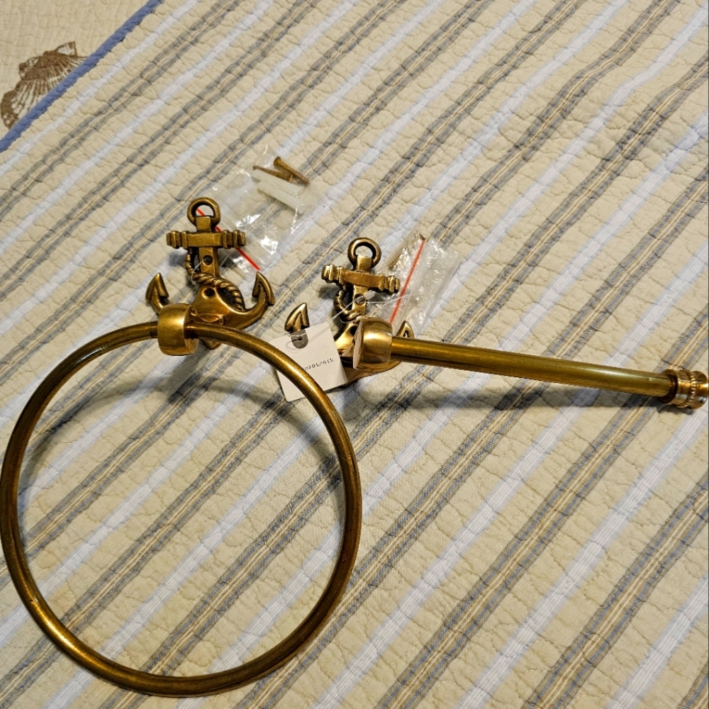 New Anthropologie Brass Anchor Towel Ring And Toliet Paper Holder